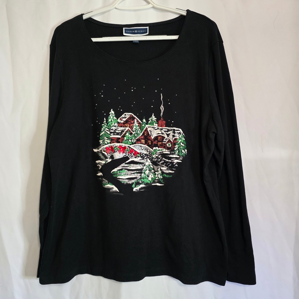 Karen Scott‎ Christmas Top XL Black Glitter Winter Village Holiday Long Sleeve